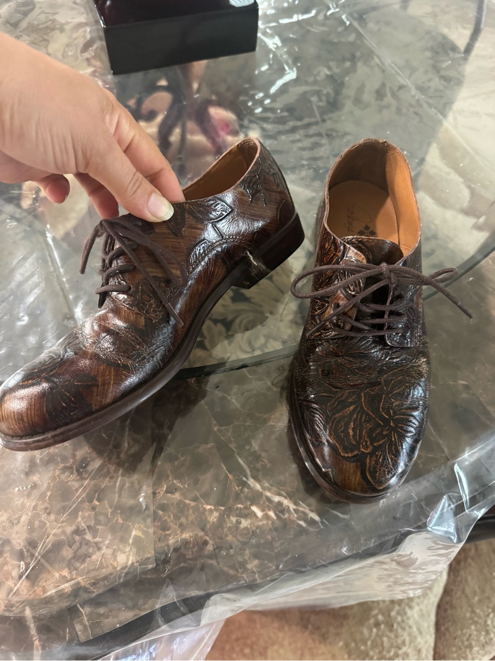 Patricia Nash Embossed Leather Lace-Up Mules in Brown with Iridescent Sheen